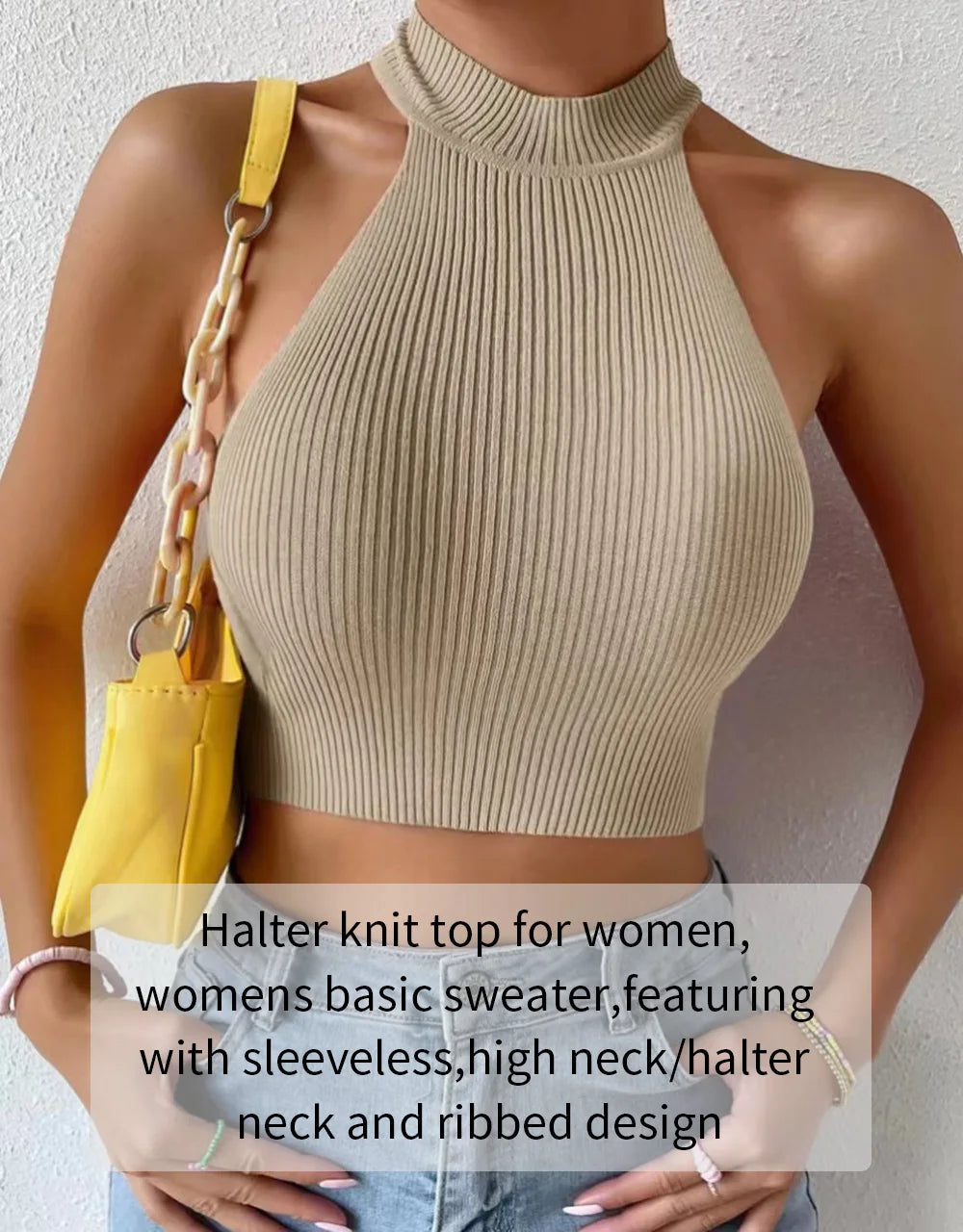 Sleeveless Knit Crop Top for Women Basic Solid Slim Fitted Halter Top Turtleneck Ribbed Vest Y2K High Neck Tops