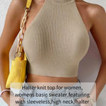 Sleeveless Knit Crop Top for Women Basic Solid Slim Fitted Halter Top Turtleneck Ribbed Vest Y2K High Neck Tops