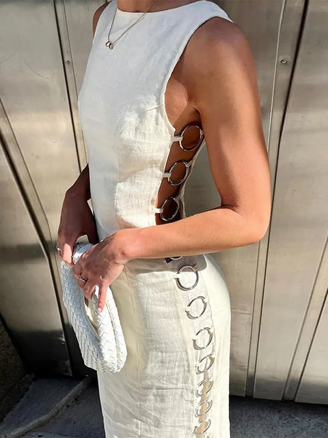 Maxi Dress Women Hollow Out Side Ring O-Neck Sleeveless Elegant Chic Party Cocktail Long Dress
