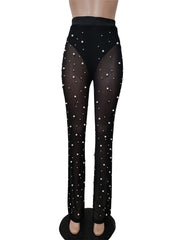 Women's Mesh Beaded Sheer Tulle Flare Leggings High Elastic Waist Trousers