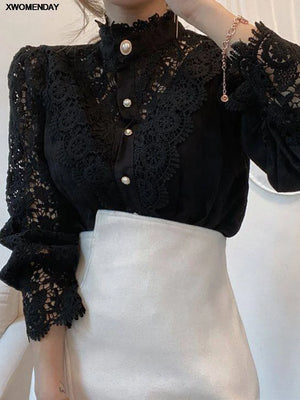 Women's Chiffon Turtleneck Shirt Button Chic Floral Lace Fluffy Long Sleeve Shirt Elegant Boutique Fashion Hollow Out Oversize White Blouse