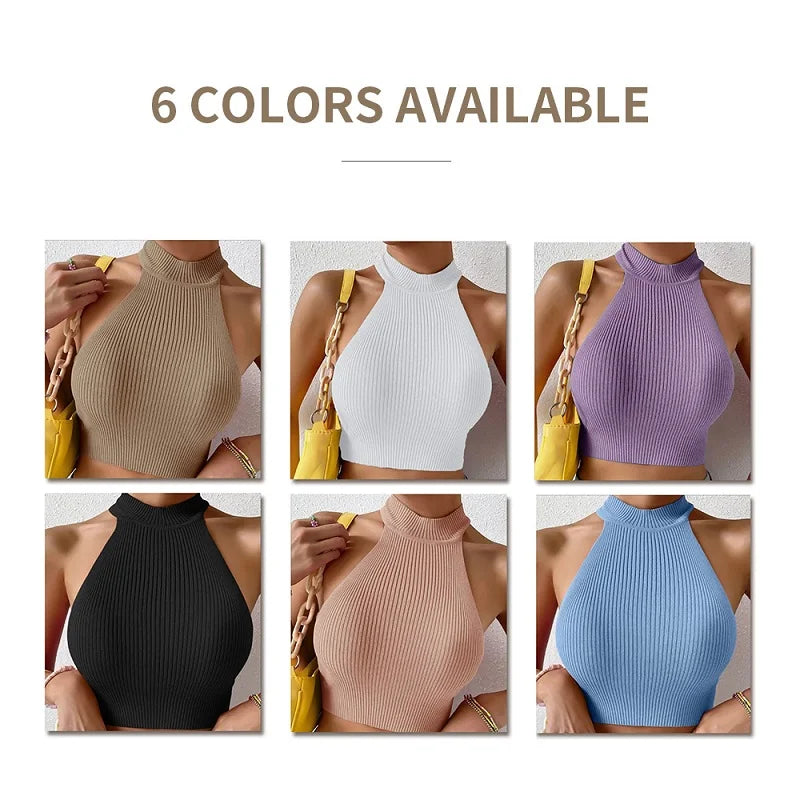 Sleeveless Knit Crop Top for Women Basic Solid Slim Fitted Halter Top Turtleneck Ribbed Vest Y2K High Neck Tops