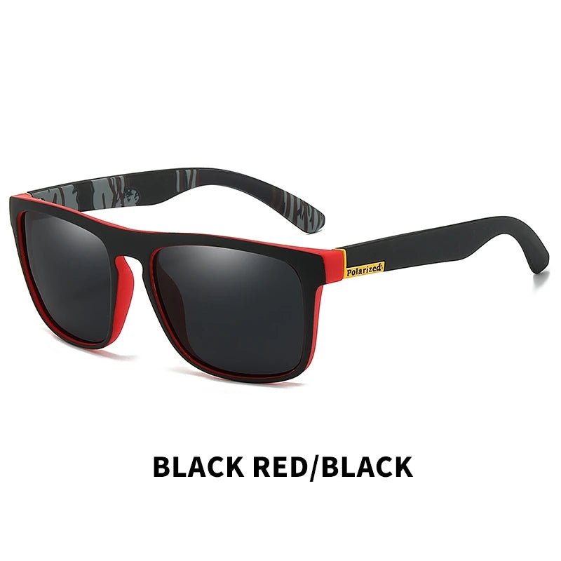 Black and red sunglasses with 'Polarized' label on a white background