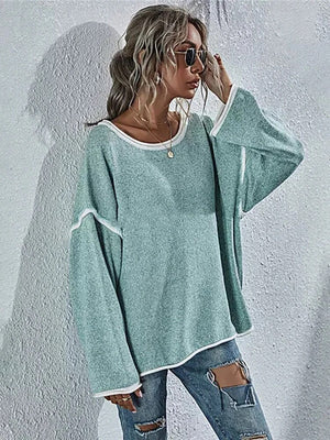Vintage Oversized Sweater for Women Patchwork Loose Round Neck Knitwear Casual Slight Stretch Pullover Tops