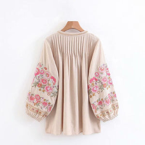 Floral Embroidery Linen Cotton Blouse