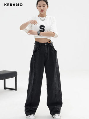 Women's Baggy  Long Jeans Black Wide Leg Trousers Streetwear Vintage High Waist Denim Pants Big Pocket