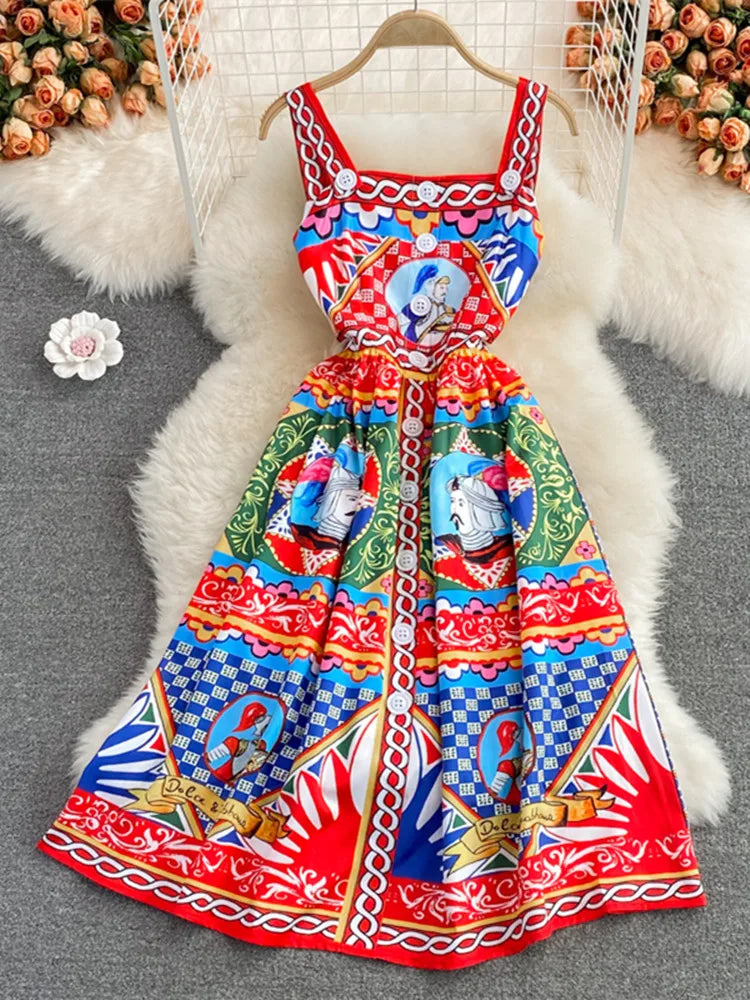 Summer Elegant Sleeveless Dress Slash Neck Print A-Line Midi Dress