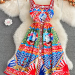 Summer Elegant Sleeveless Dress Slash Neck Print A-Line Midi Dress