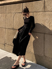 Vintage Long Knit Office Dresses for Women O-Neck Pockets Cocktail Midi Dress