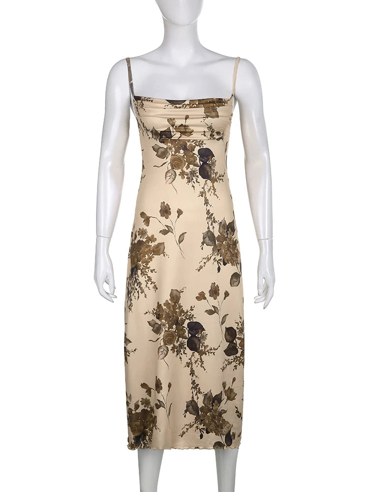 Vintage Fairycore Y2K Floral Print Midi Dress Backless Spaghetti Straps Chic Party Dress