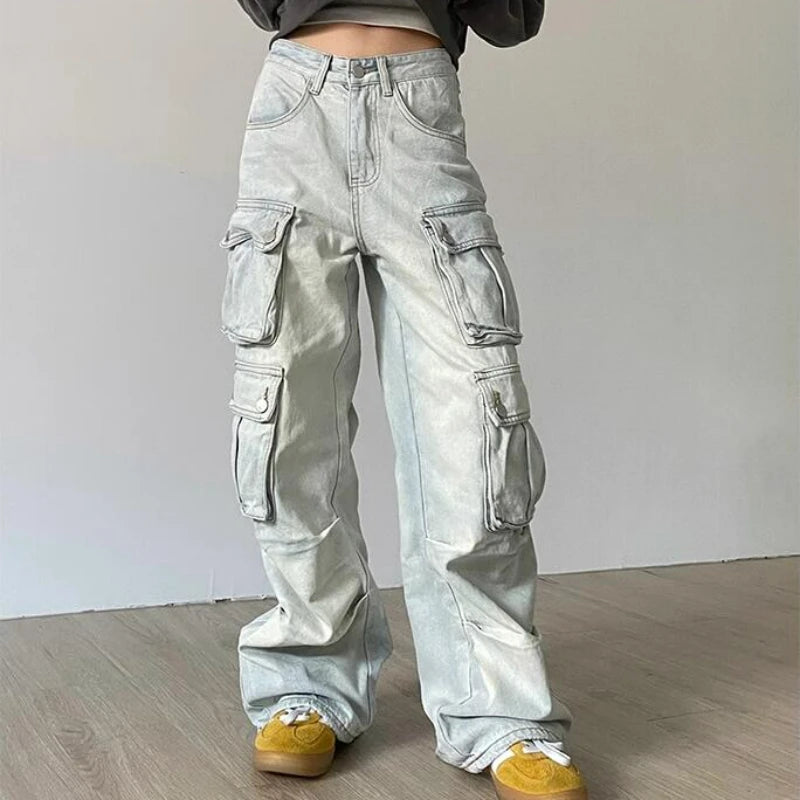 Cargo Jeans American Style Street Style Baggy Cargo Pants for Women Multi-pocket Wide Leg Denims