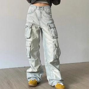 Cargo Jeans American Style Street Style Baggy Cargo Pants for Women Multi-pocket Wide Leg Denims