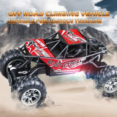 Red off-road climbing vehicle on a desert background with text about its suitability for various terrains. - red