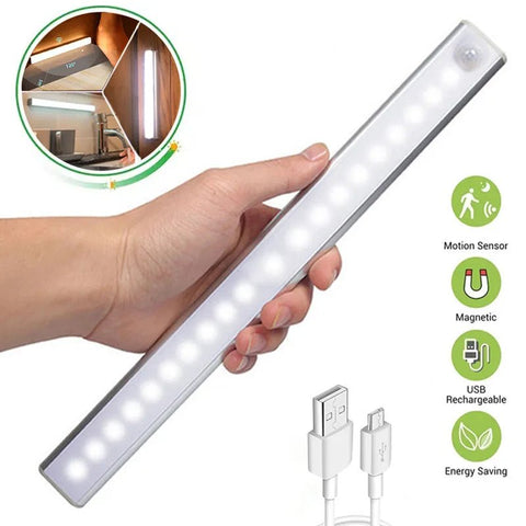 Hand holding a motion sensor light strip with USB cable and features listed on a white background