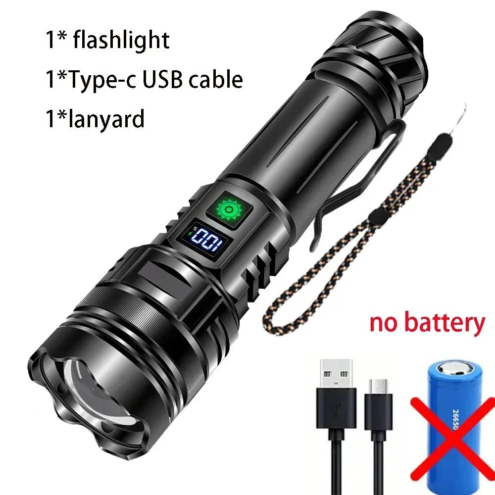 Black flashlight with USB cable and lanyard on a white background