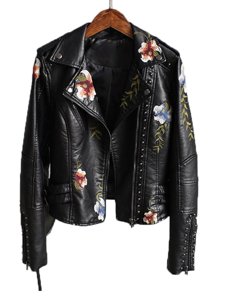 Women's Soft Faux Leather Jacket Floral Print Embroidery Jacket Retro Motorcycle Jacket