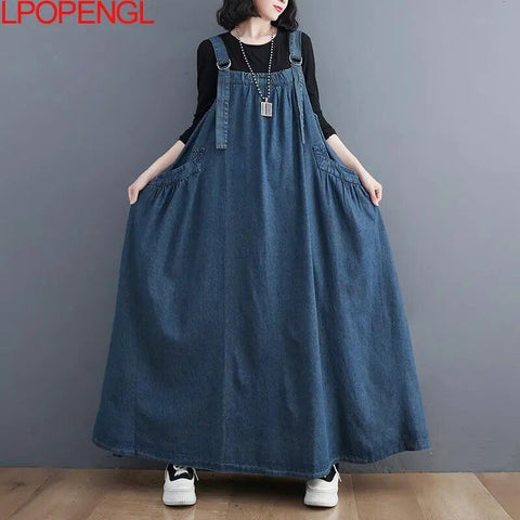 Denim Maxi Dress Women Spaghetti Strap Loose Oversized Ankle-Length Elegant Spring Autumn Fashion