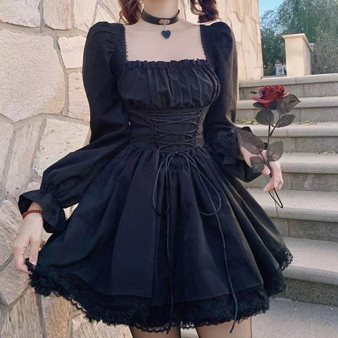High Waist Puff Sleeve Lolita Dress Women Black Goth Vintage Lace Bandage Elegant Party Fashion