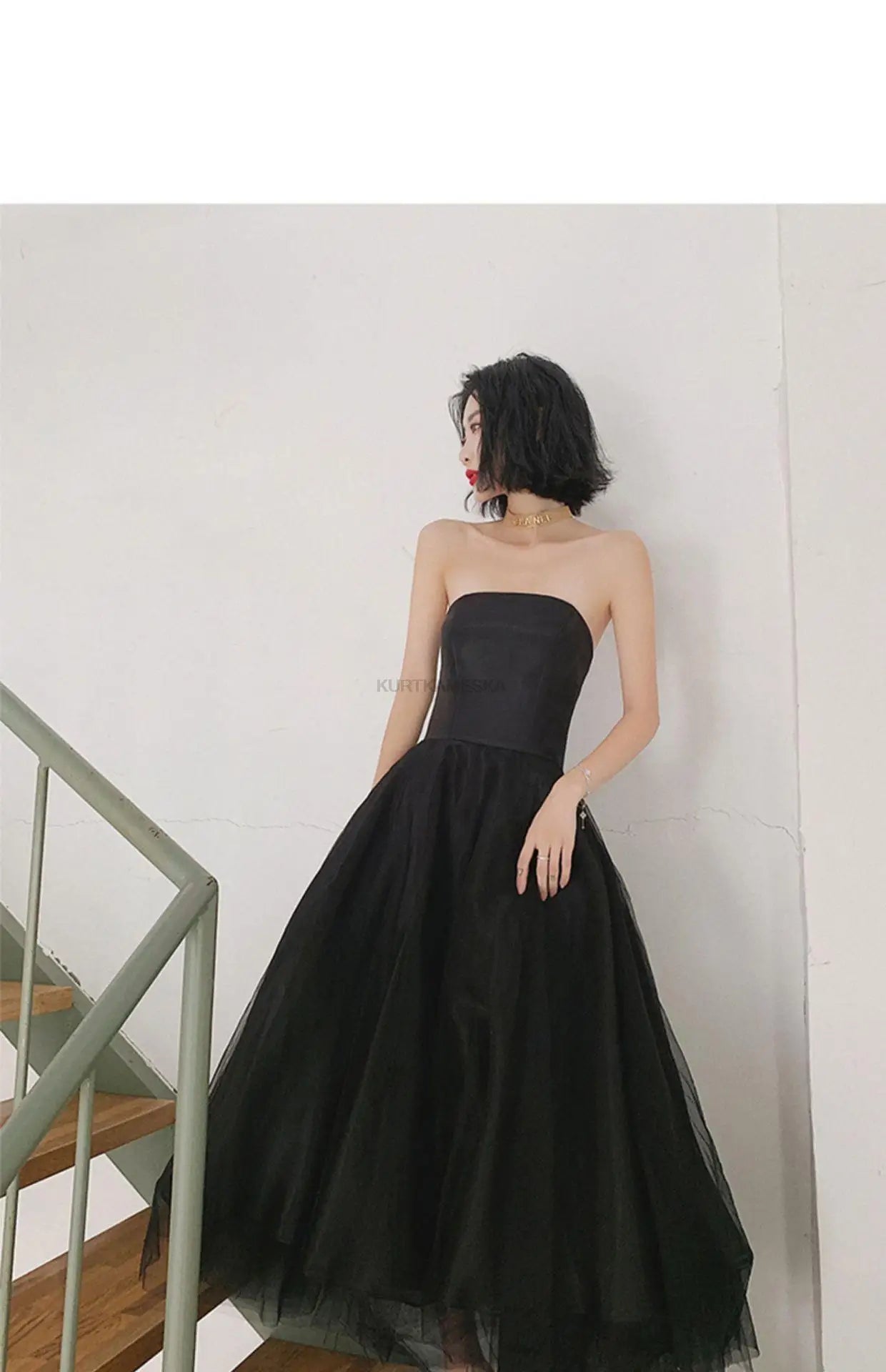 Elegant Strapless Black Tulle Midi Dress Prom Gown