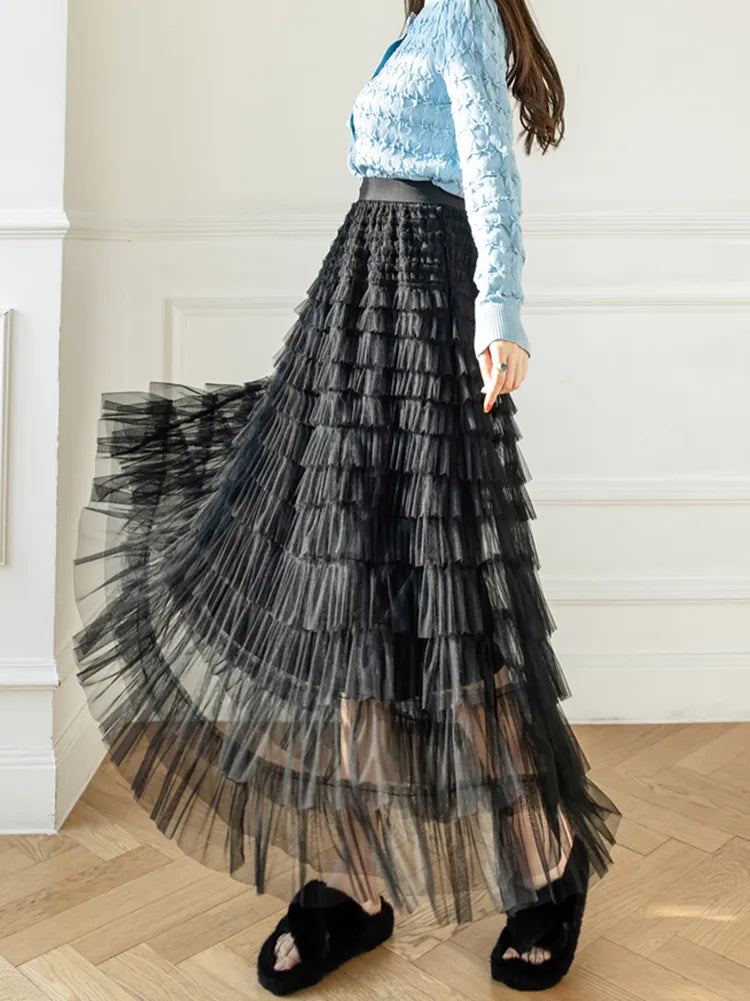 Women's Layered Ruffles Mesh Sheet Midi Long A Line Skirt Puffy Cake Elegant Vintage Elastic Waist Tulle Skirt