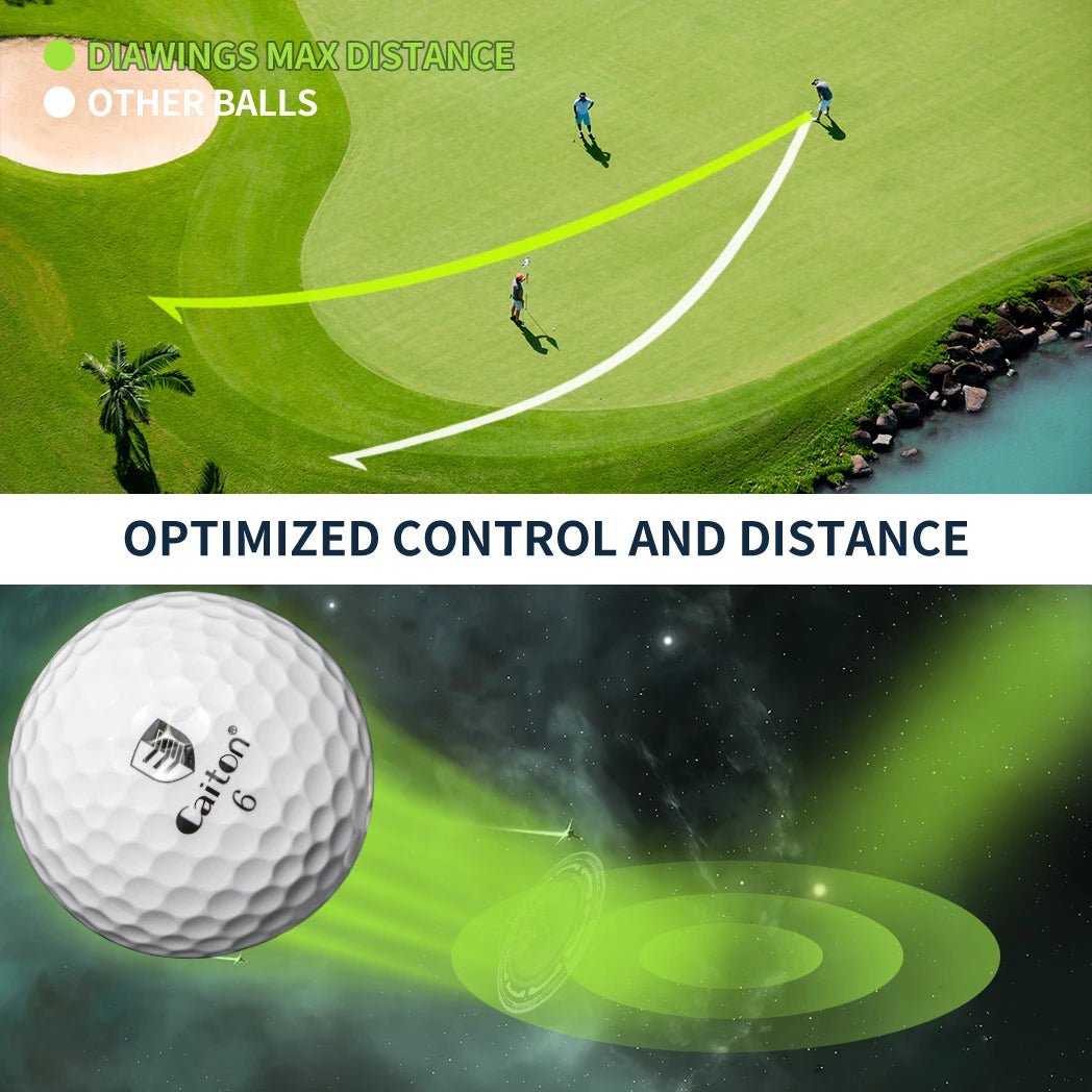 Golf ball with text about optimized control and distance on a green golf course background