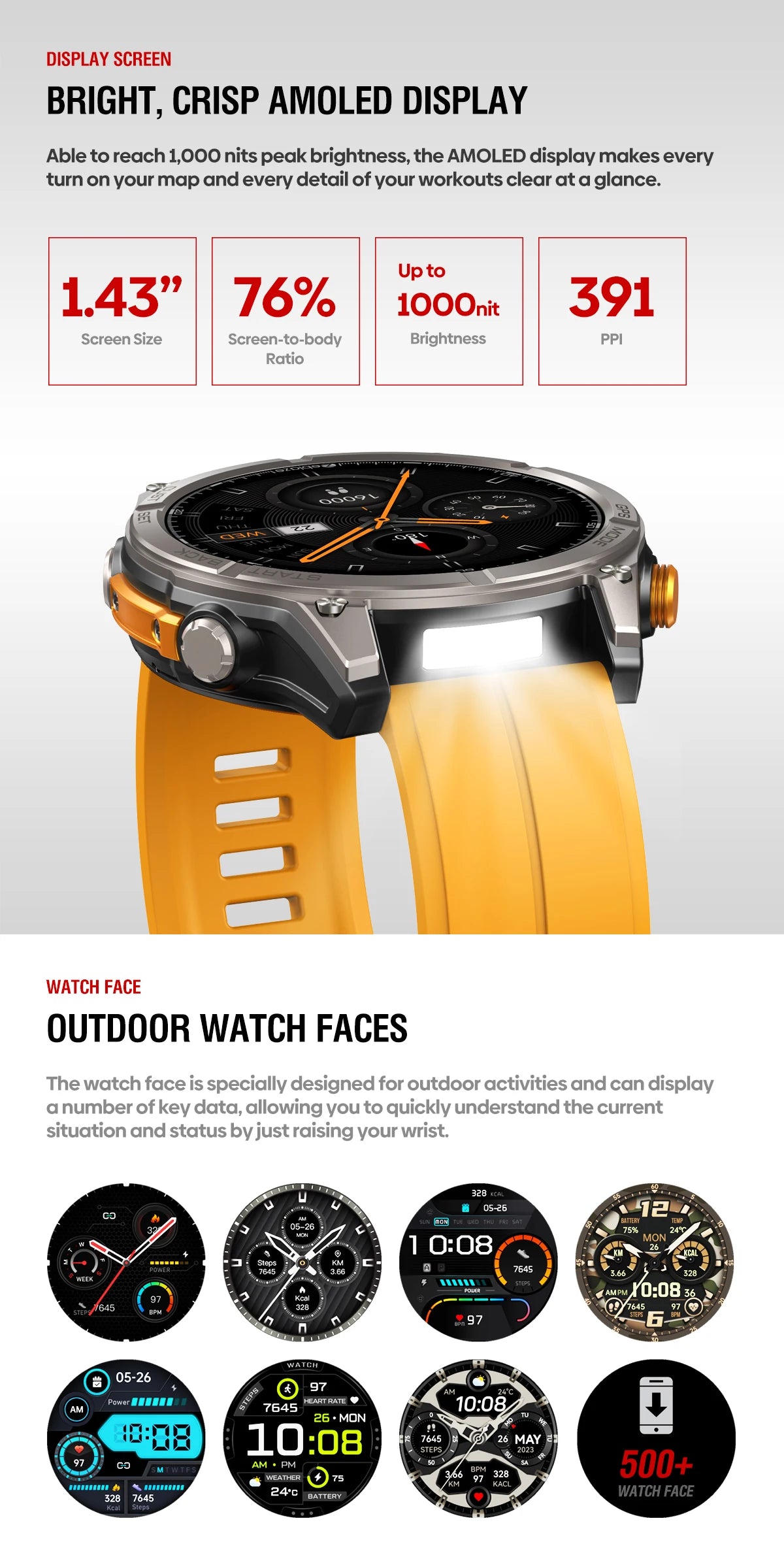 Smartwatch with outdoor watch faces on a white background