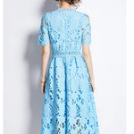 New High-End Embroidered Lace Hollow Out Dress O-Neck Short Sleeve Long Party Dress