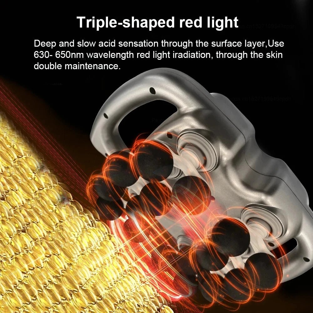 Silver 16 head massager with red light emission on a black background
