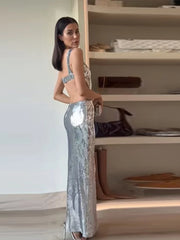 Sexy Backless Sequin Glitter Maxi Dresses For Women Boutique Fashion Bodycon Shiny Sleeveless Cut Out Evening Party Dress Prom