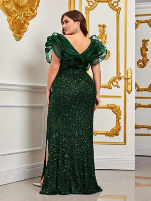 Plus Size Women's Sequin Dresses V-Neck Tiered Sleeve Sexy Slit Elegant Wedding Party Prom Dresses Gowns