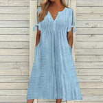 Women's Pleated Elegant Summer Dress Hollow Out Lace Ruched Short Sleeve Buttoned V Neck Dress