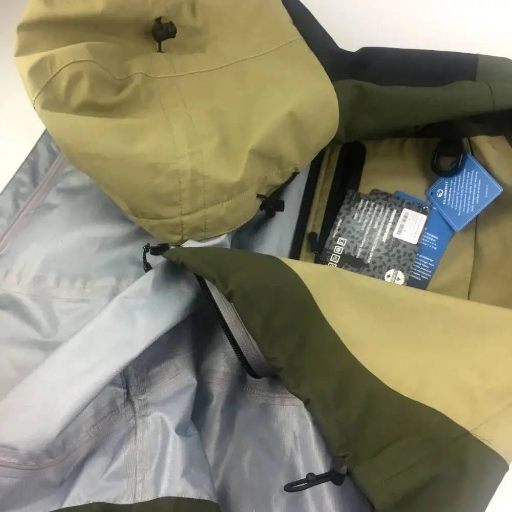 Close-up of a green jacket with a beige hood and gray interior, on a white background.