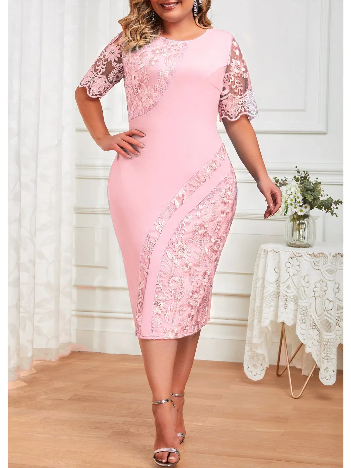 Elegant Plus Size Floral Patchwork Bodycon Evening Dress