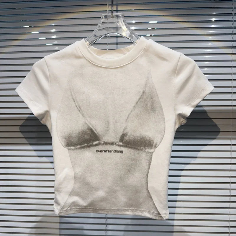 Short Sleeve T-Shirt Bikini Print Round Neck White T Shirt for Women