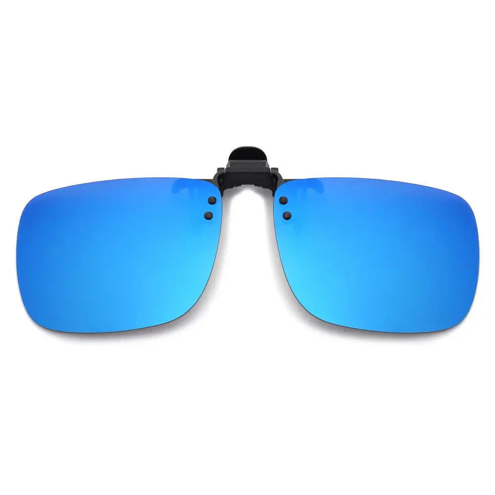 Blue reflective sunglasses clip on a white background