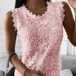 Women's Sleeveless Floral Lace Crochet Tank Tops Round Neck Loose-Shirt Top