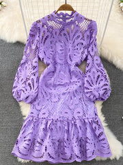 Women's Lace Short Dress Hollow out Floral Embroidery Puff Ruffle Long Sleeve Vintage Elegant Dress