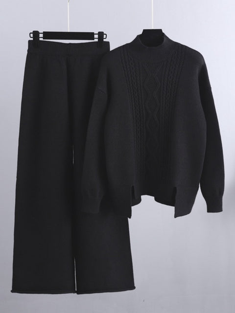 Women's 2 Piece Sets Loose Knitted Suit High Collar Sweater + Wide Leg Pants Knit