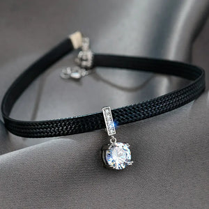 Glitter Shiny Cubic Zirconia Choker Pendant Sexy Black Leather Short Necklace for Women Aesthetic Jewelry Accessories