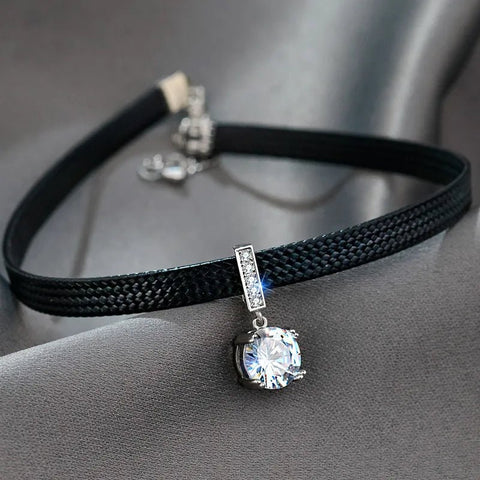 Choker Necklace Women Glitter Shiny Cubic Zirconia Black Leather Short Pendant Aesthetic Jewelry Gift