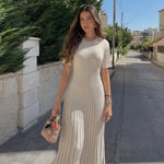 Elegant Solid Ribbed Knitted Maxi Dress for Women O-Neck Short Sleeve Pleated Lace Up Dresses