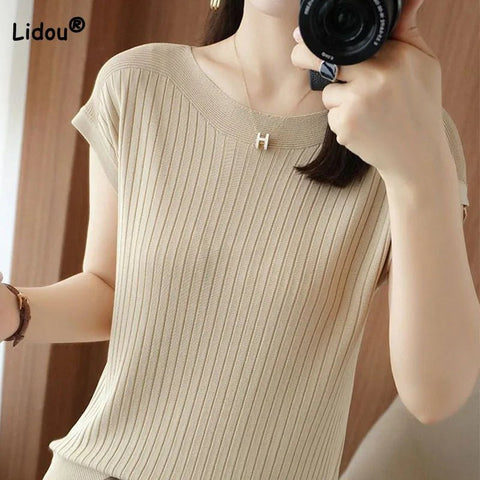 T-Shirt Women Solid Color Rib Knit Loose Short Sleeve Casual Spring Summer Everyday Top