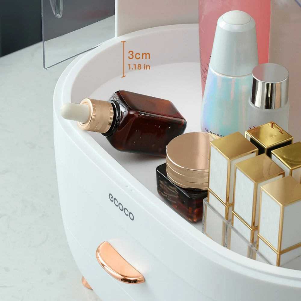 Cosmetic organizer with skincare products and 'ecoco' branding on a white surface.