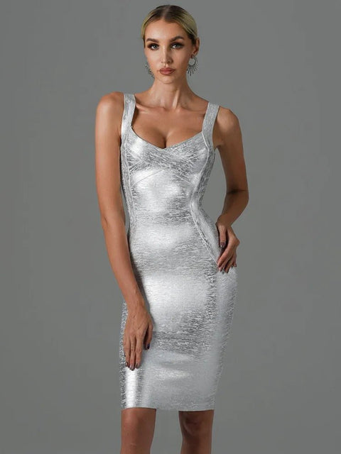 Midi Dress Women Metallic Sleeveless Backless Gold Silver Bodycon Bandage Elegant Evening Wedding Party