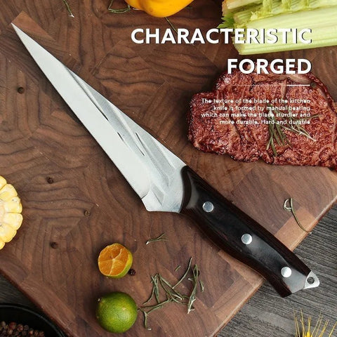 Knife on a wooden cutting board with ingredients and text about forged blades.