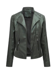 Faux Leather Jacket Women's Slim Vintage Zipper Short Coats Turn-Down Collar