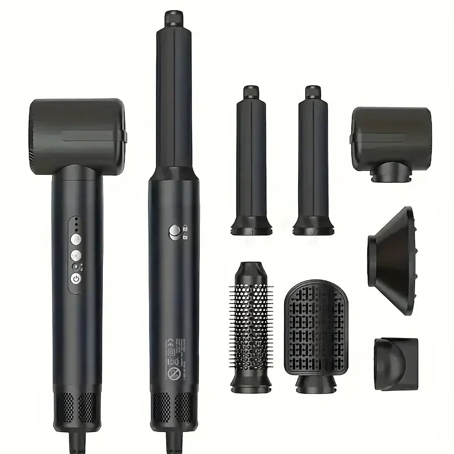 Black hair styling tool set with various attachments on a white background