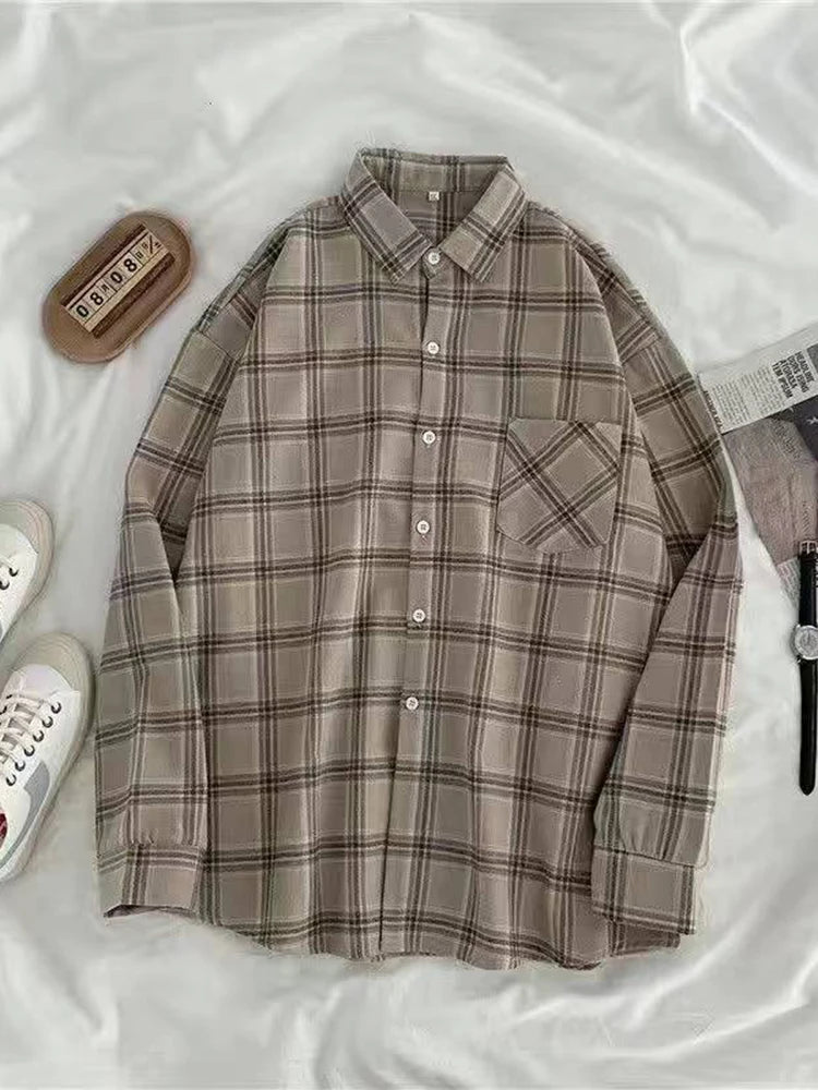 Vintage Women's Plaid Shirt Autumn/Winter Long Sleeve Oversized Button Up Tops Loose Casual Shirts