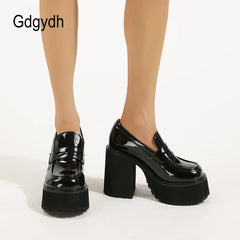 Women's Girls Chunky Platform Shoes High Heel PU Leather Slip On Casual Shoes School Office Loafers