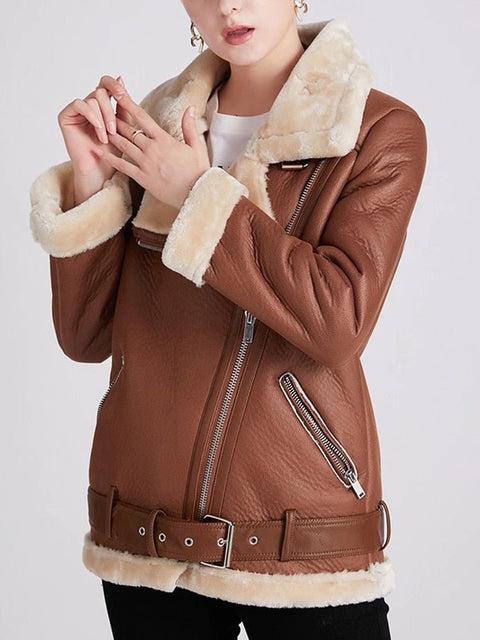 Faux Leather Jacket Women Thick Long Sleeve Fur Cuffs Collar Chic Warm Winter Outerwear Fashion